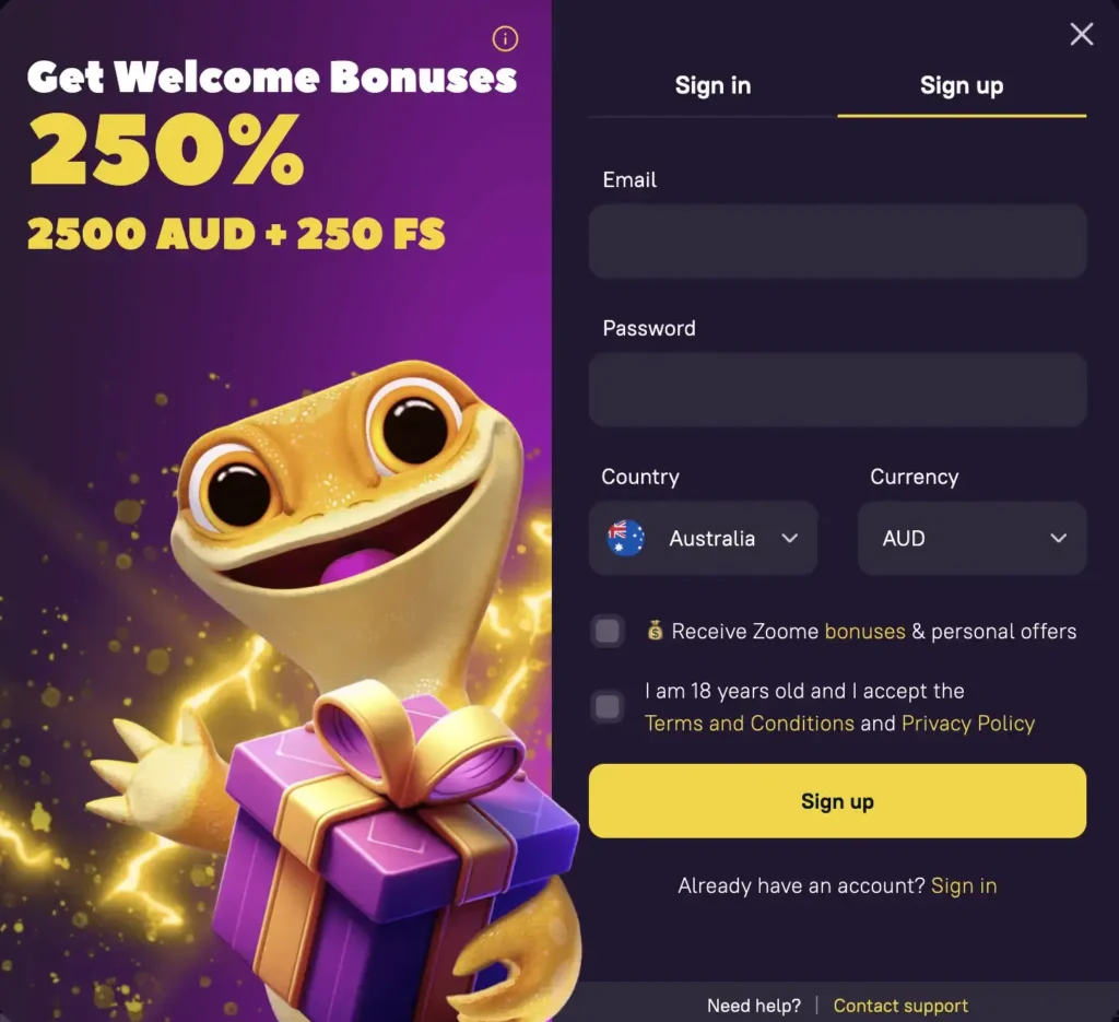 zoome casino sign up